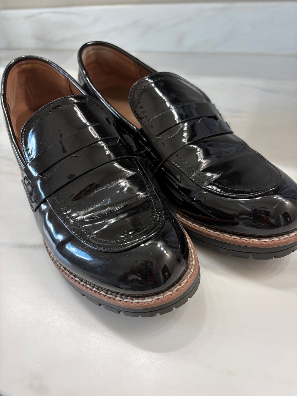 Dream Pairs Black Patent Penny Loafers with Tan welt